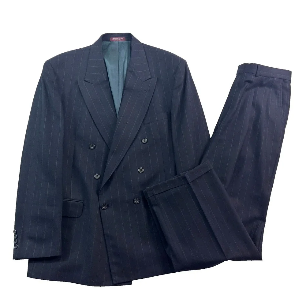 vtg 90s Evan Picone 44L 33x32 2pc Pant Suit Double Breasted Flannel Wool USA